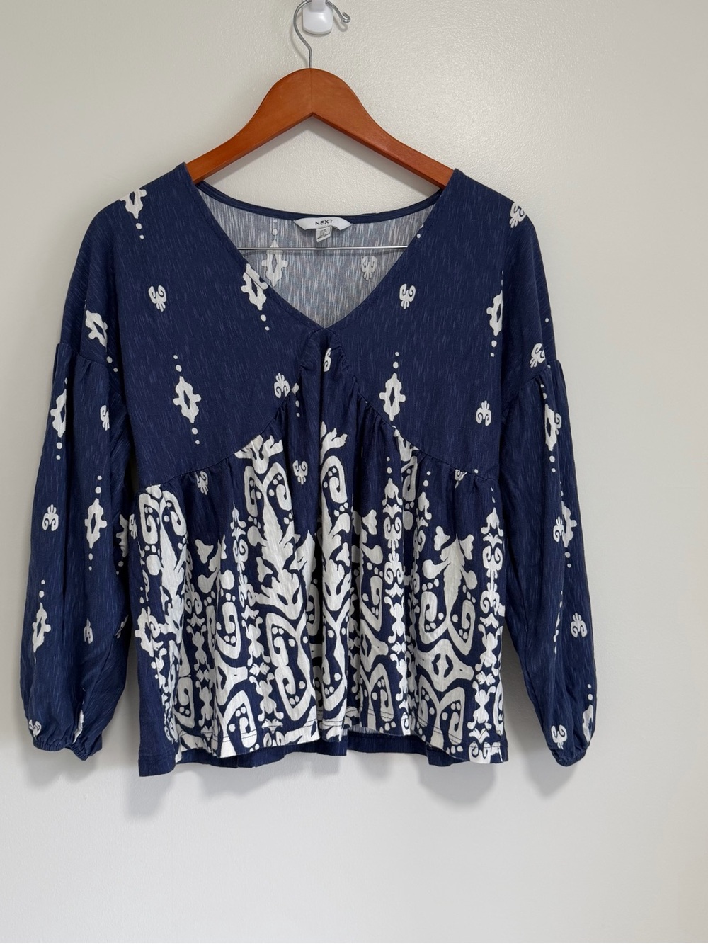 NEXT Ikat Damask Babydoll Tunic Top Blue White Womens‎ Size 8 Boho Slub Knit